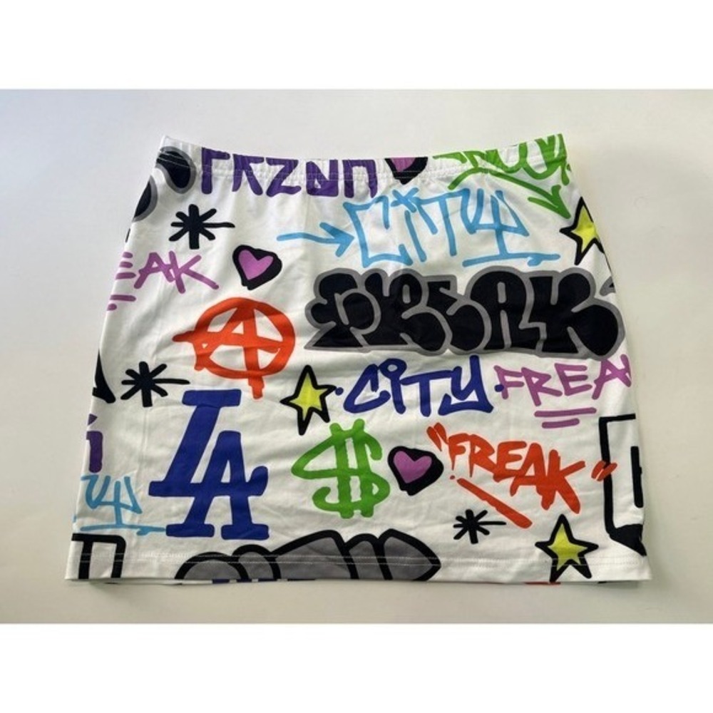 Graffiti Print Mini Skirt White Multi Street Art Bodycon Large